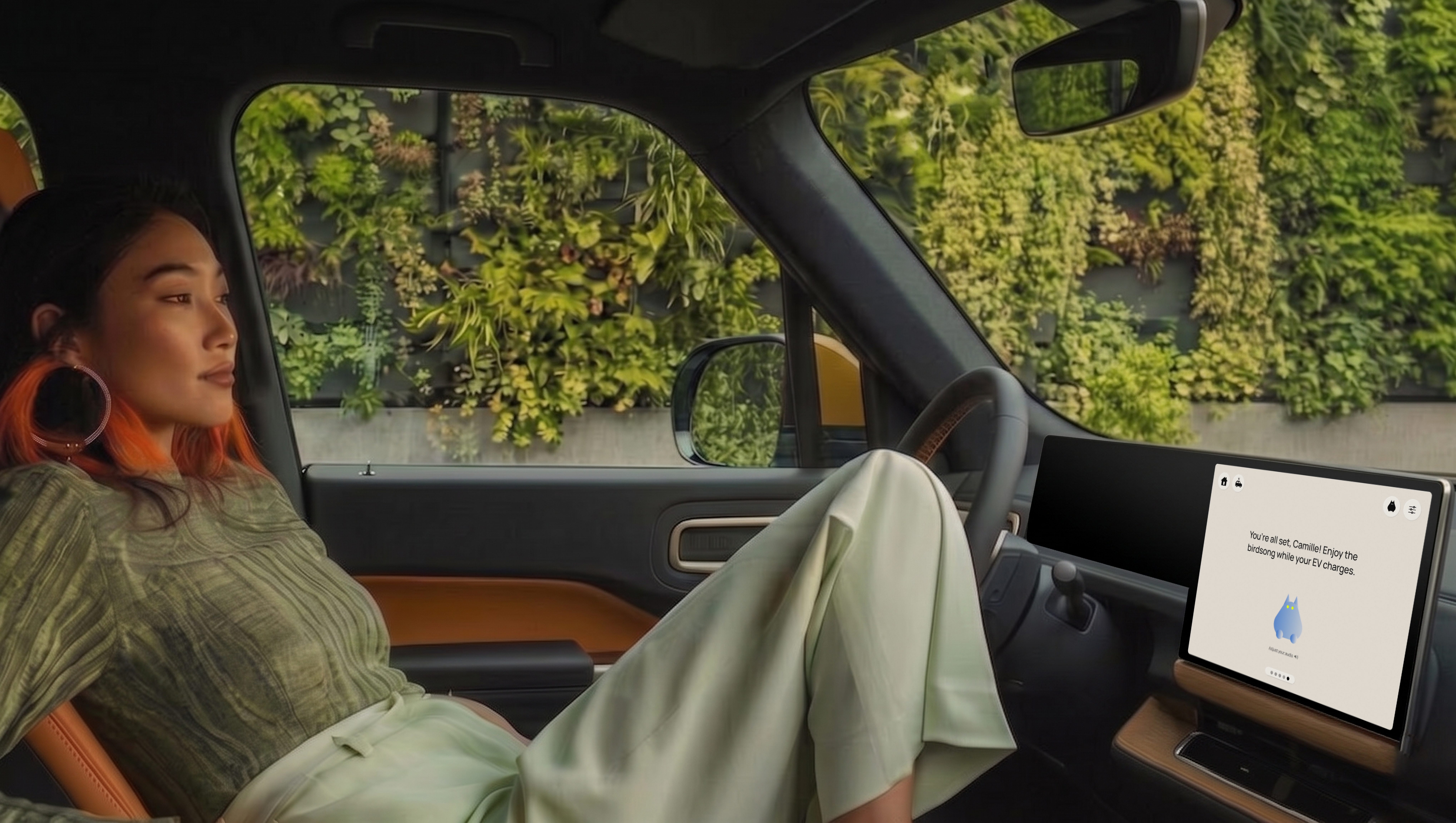 Camille reclining in her EV with eyes closed, listening to birdsong while charging